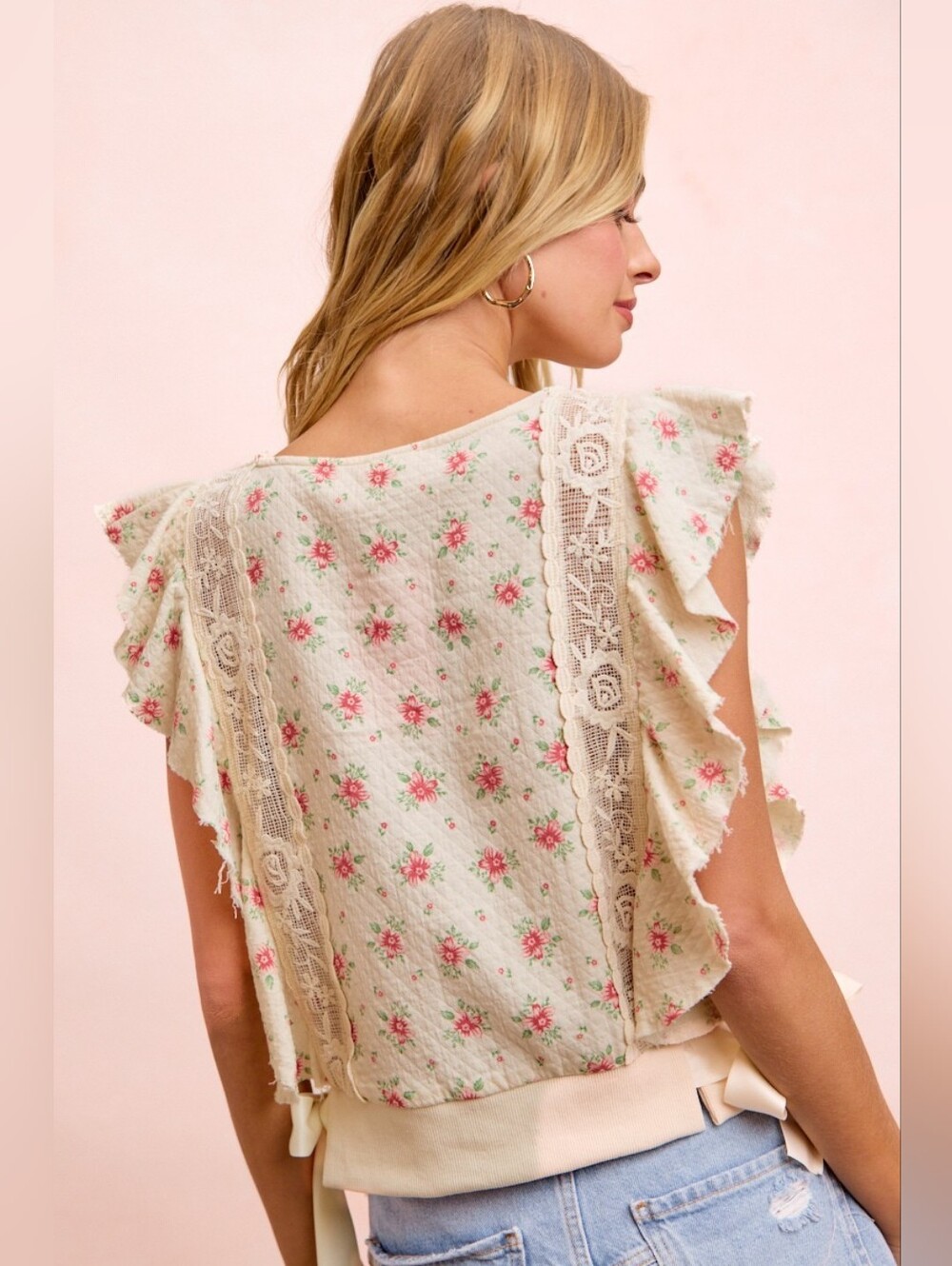 BiBi Flower Printed Ruffle Sleeve Trim Lace Detail Top- Red Flower - Picture 2 of 11